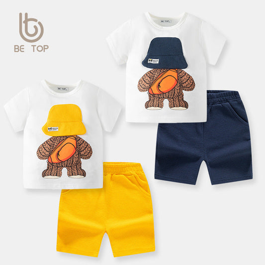 be top new children's clothing Korean version baby casual two-piece suit boy cotton collar top shorts children's summer suit