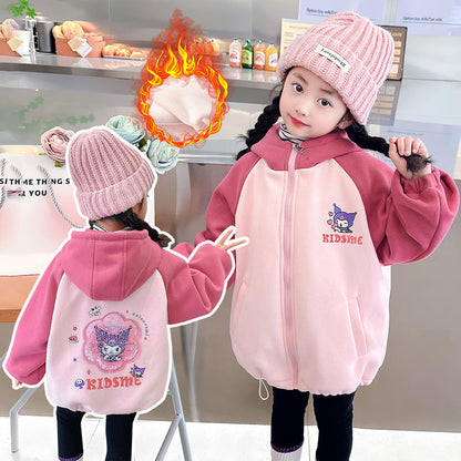 Girls autumn and winter thickened fleece jacket cardigan zipper Korean style sequins cartoon warm kindergarten children middle children