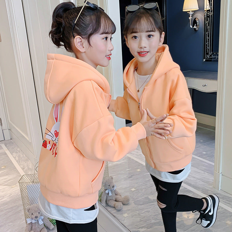 Girls 2024 Winter New Plush Jacket Children's Korean Style Thickened Cardigan Top Cartoon Hooded Sweater