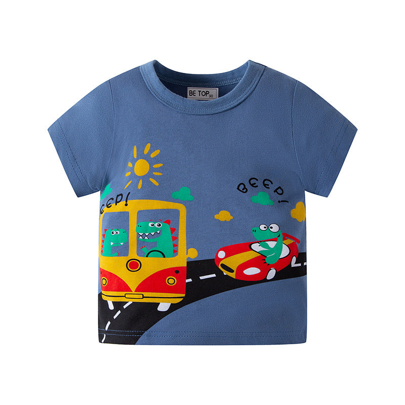 2024 New Boys Summer Children's Short-sleeved T-shirt Car Cartoon Boys T-shirt Half-sleeved Cotton Baby Top