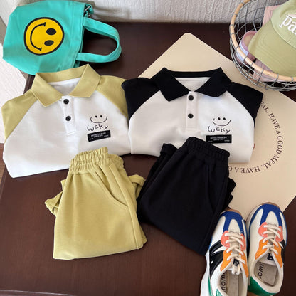 Children's clothing suits 2024 summer new boys cute smiley two-piece children's trendy Polo suits