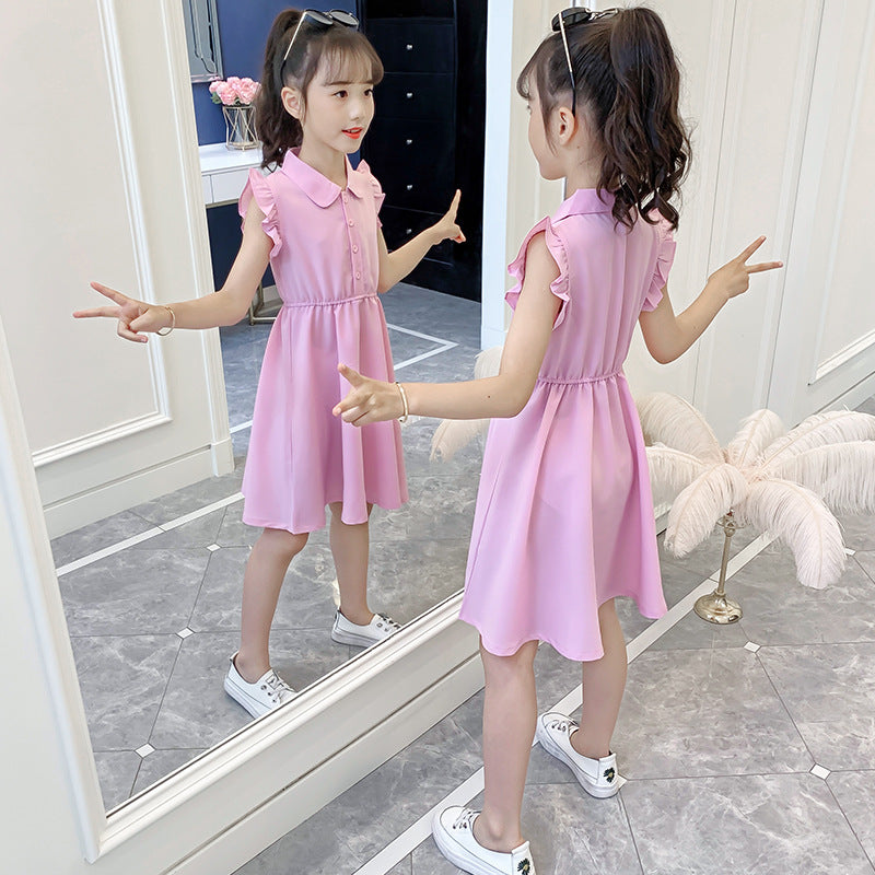 Girls summer clothes 2024 new children's dresses for middle and large children, stylish solid color chiffon skirts for girls, thin princess skirts