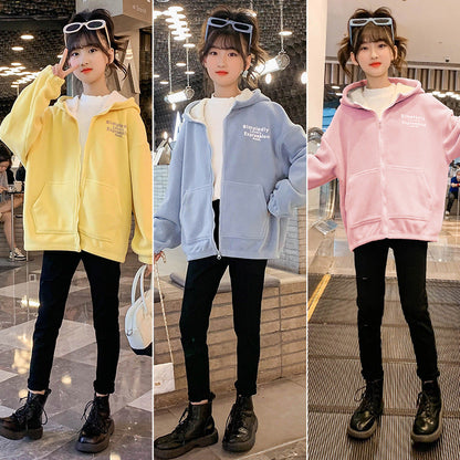 Girls winter clothes 2024 new double-sided fleece warm polar fleece thickened velvet cardigan jacket with hood sports style