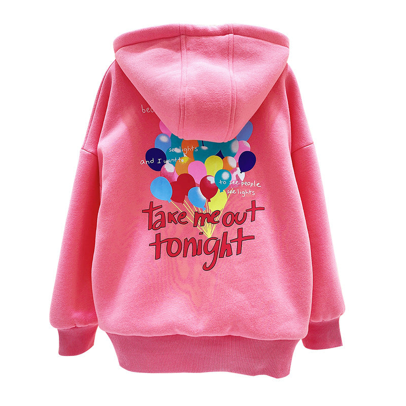 Girls 2024 winter spring and autumn new style big sweater cardigan hooded plus velvet thick warm primary school students kindergarten coat