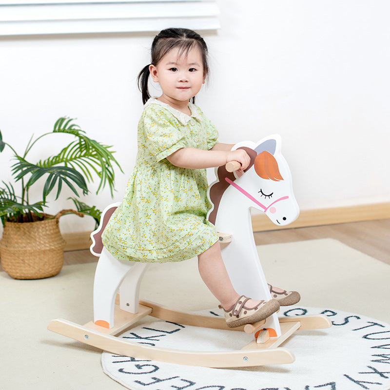 Cross-border Nordic style children's early education white solid wood rocking horse baby wooden horse mount balance exercise educational toy 