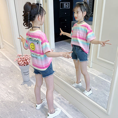 Girls summer T-shirt 2024 new medium and large children's striped color stripe short-sleeved top cotton rainbow casual T-shirt