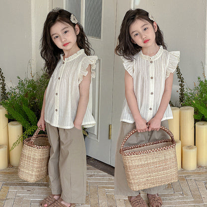 Girls summer cotton short-sleeved shirt tops pure cotton white striped blouse Korean style fragrant French style celebrity children