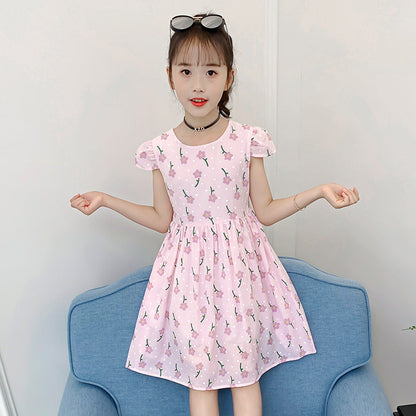 Girls dress 2024 summer new children's stylish printed cotton skirt little girl short-sleeved cartoon vest skirt 