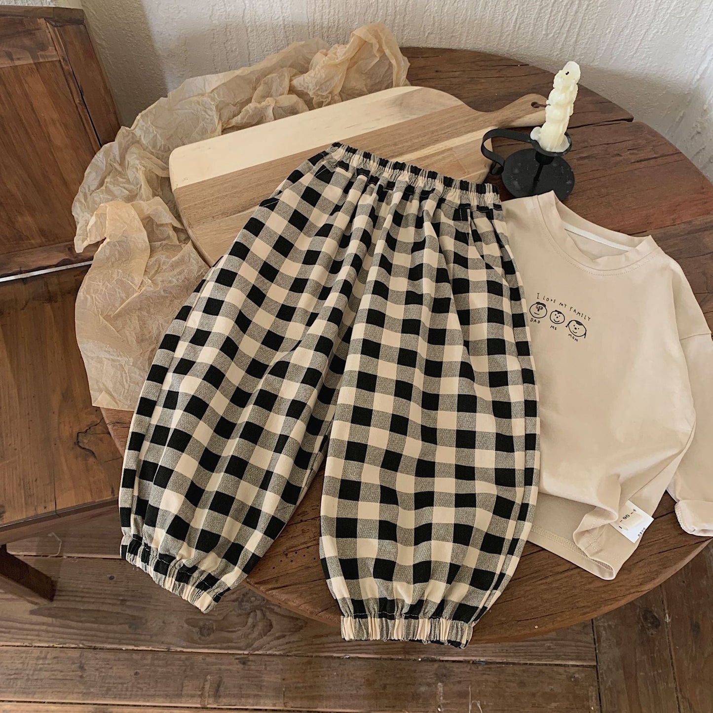 Children's trousers 2024 Bangcheng Spring Boys and Girls Korean Retro Plaid Casual Cotton Drawstring Pants Trendy F0352