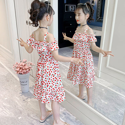 Girls dress summer 2024 new sling earrings off-shoulder dress sweet Bohemian holiday cherry long dress