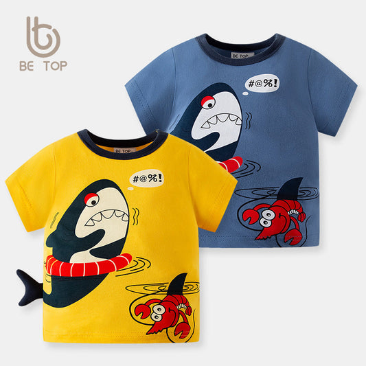 2024 Summer Korean Boy Baby All-match Loose Children's T-shirt Cartoon Print Top Trendy Brand One Piece Delivery