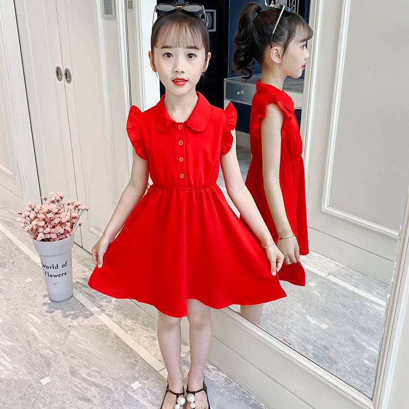 Girls summer clothes 2024 new children's dresses for middle and large children, stylish solid color chiffon skirts for girls, thin princess skirts