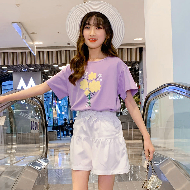 Girls summer suit short-sleeved shorts two-piece suit printed bow tie middle and large children's cotton elastic fashionable trend