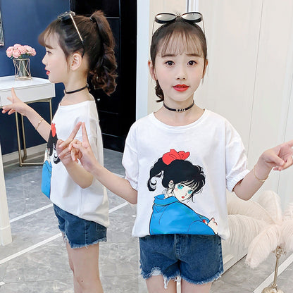 Girls short-sleeved T-shirt 2024 new style children's summer cartoon T-shirt medium and large children's loose printed top