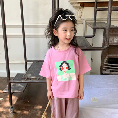 2024 new summer girls pure cotton cartoon short-sleeved T-shirts for small and medium-sized children and babies Korean style half-sleeved tops