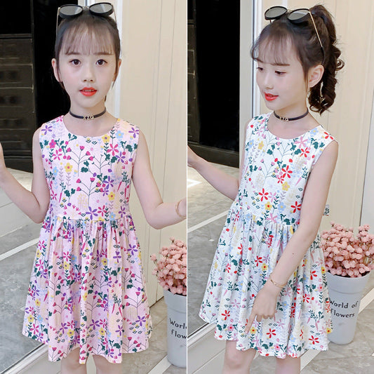 Girls dress children's clothing summer new style stylish printed princess dress sleeveless cotton vest dress fresh floral dress