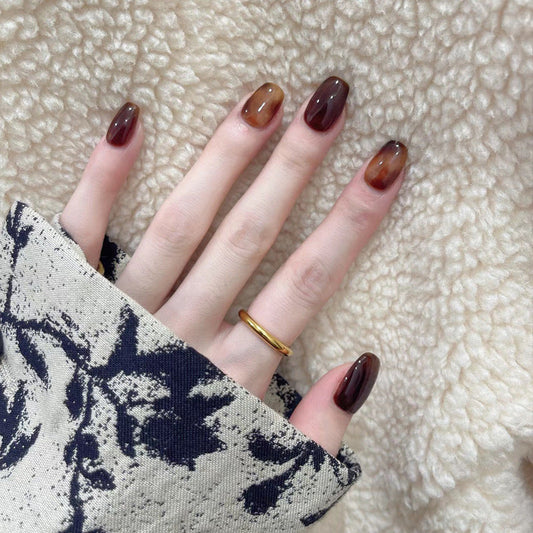 Autumn and winter ins style wear short brown smudge hot girl nail stickers marble nail art nail tips wholesale