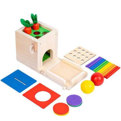 Multifunctional Montessori 4-in-1 coin box for young children to pull out carrots and insert sticks to build blocks, color matching intelligence box toys