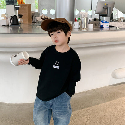 Amo Beibei children's 2023 winter thickened velvet warm T-shirt for boys and girls baby warm velvet smiley face bottoming shirt