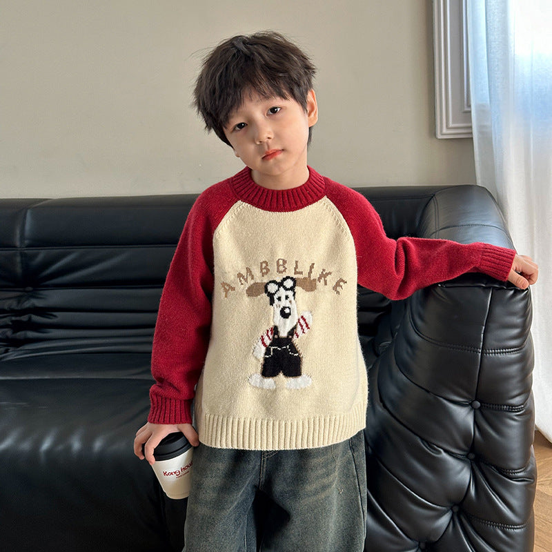 Amo Beibei children's thickened Roland velvet contrast color knitted sweater 2023 winter baby warm cartoon embroidered New Year's sweater