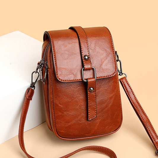 Oil leather retro small bag double layer large capacity mobile phone bag small coin bag 2024 trendy all-match small bag messenger bag