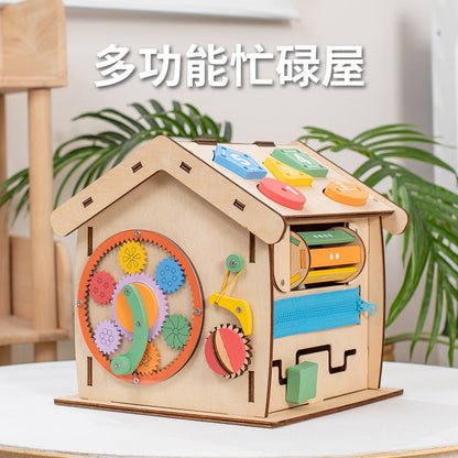 ផ្ទះមមាញឹកពហុមុខងារ Wooden Montessori សម្រាប់កុមារតូចៗ ប្រអប់កំណប់ 6 ជ្រុងរបស់ទារក ប្រដាប់ប្រដាក្មេងលេងអប់រំការត្រាស់ដឹង