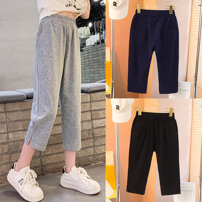 Summer girls' elastic cropped pants thin loose fat cotton elastic middle and large children's outer wear wide-leg pants sports shorts