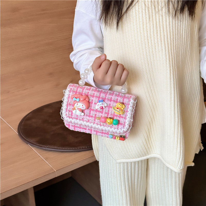 Autumn and winter stylish children's small square bag female fashion girl contrast color chain shoulder bag simple beaded handbag wholesale 