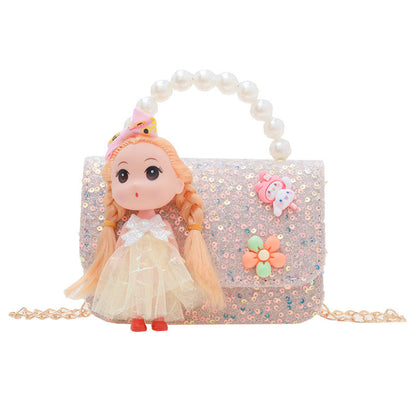 New style children's bag fashion pearl handbag cartoon doll shoulder bag girls chain crossbody bag wholesale 