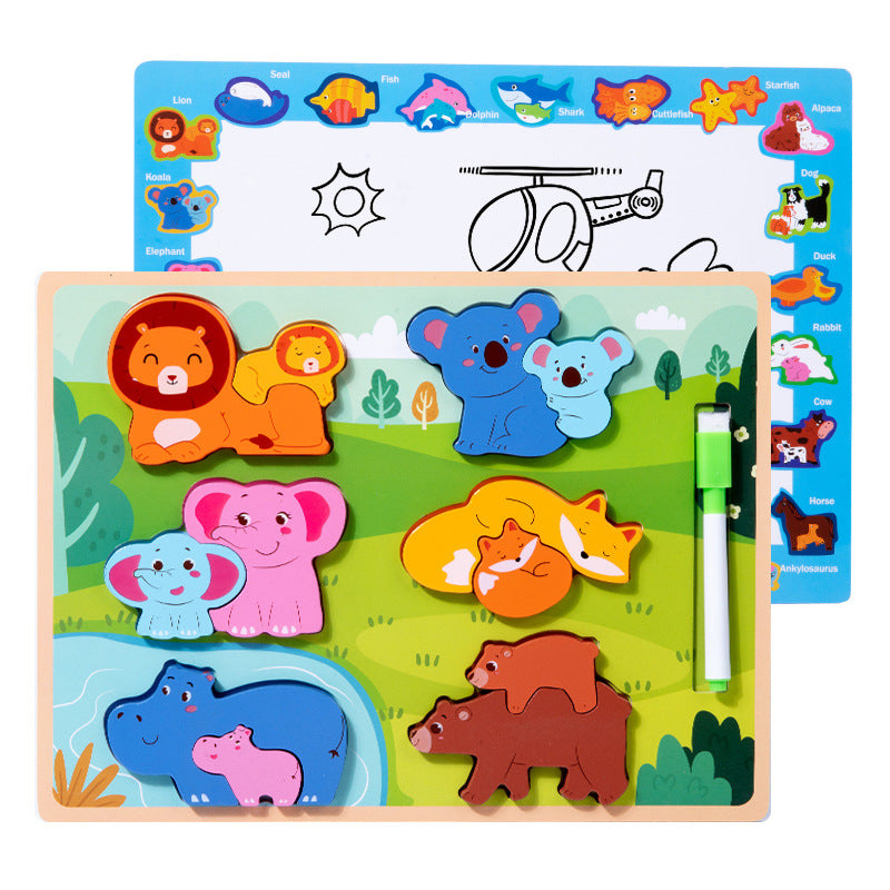 Children's wooden new parent-child three-dimensional puzzle animal cognition matching early education interactive desktop two-in-one toy