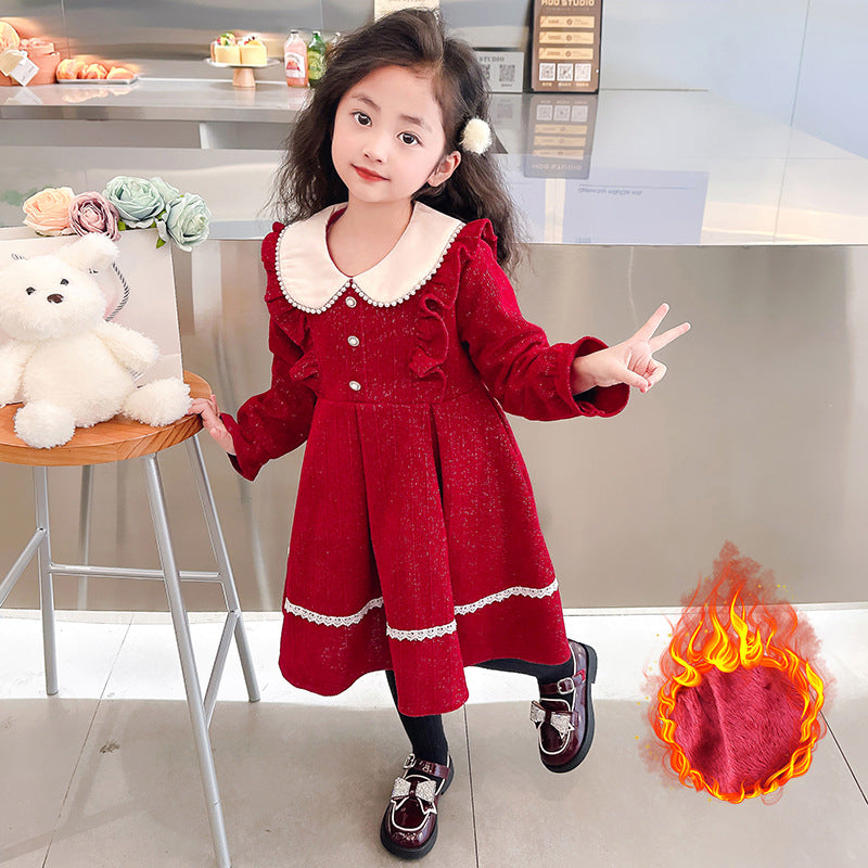 Girls baby 2024 New Year dress New Year dress plus velvet thick skirt flower girl performance show red warm