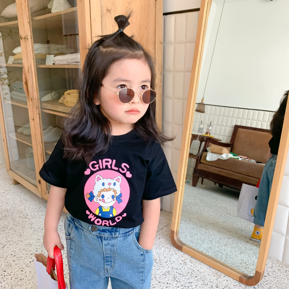 2024 New Girls Short-sleeved T-shirt Summer Children's Korean Style Western Style Pure Cotton Half-sleeved Baby Summer Loose Top