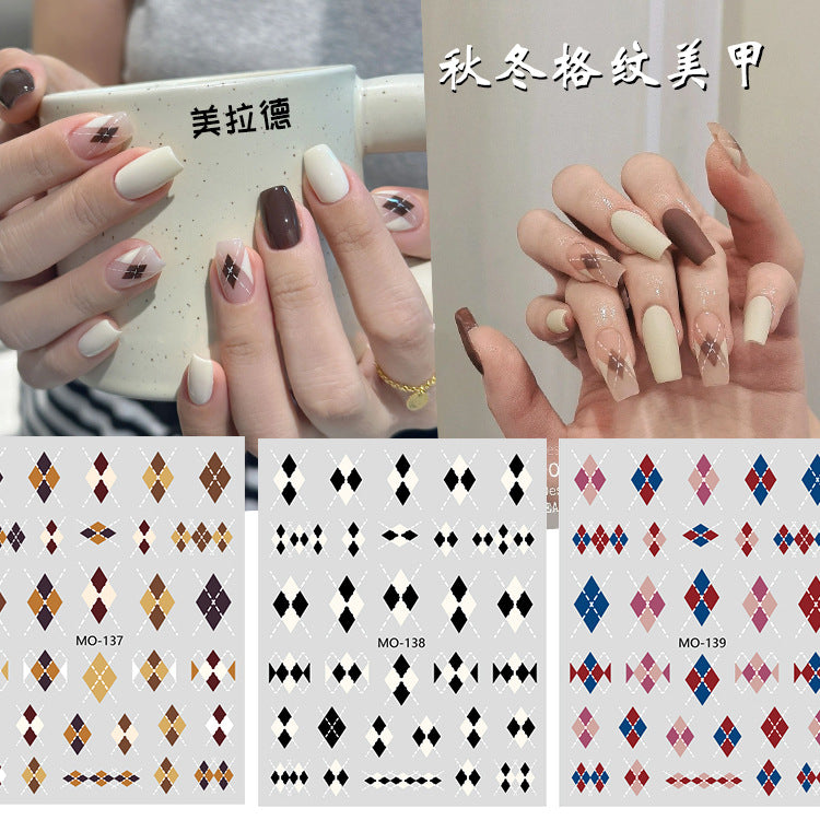 Autumn and winter nail stickers diamond check Maillard relief thin tough caramel black and white checkered sweater stickers