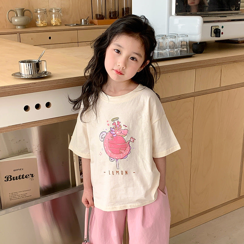 Korean children's clothing 2024 spring and summer new girls short-sleeved baby trendy cartoon dragon year printed T-shirt children's top