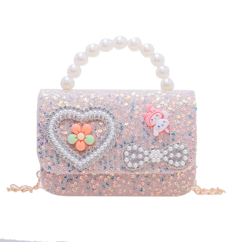 New style children's bag fashion pearl handbag cartoon cute small square bag trendy chain crossbody bag girls shoulder bag