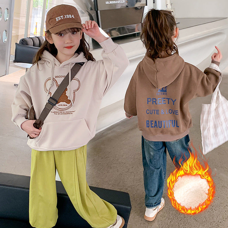 2024 autumn and winter clothing for boys and girls thickened fleece pullover hoodie lamb wool warm medium and large children loose