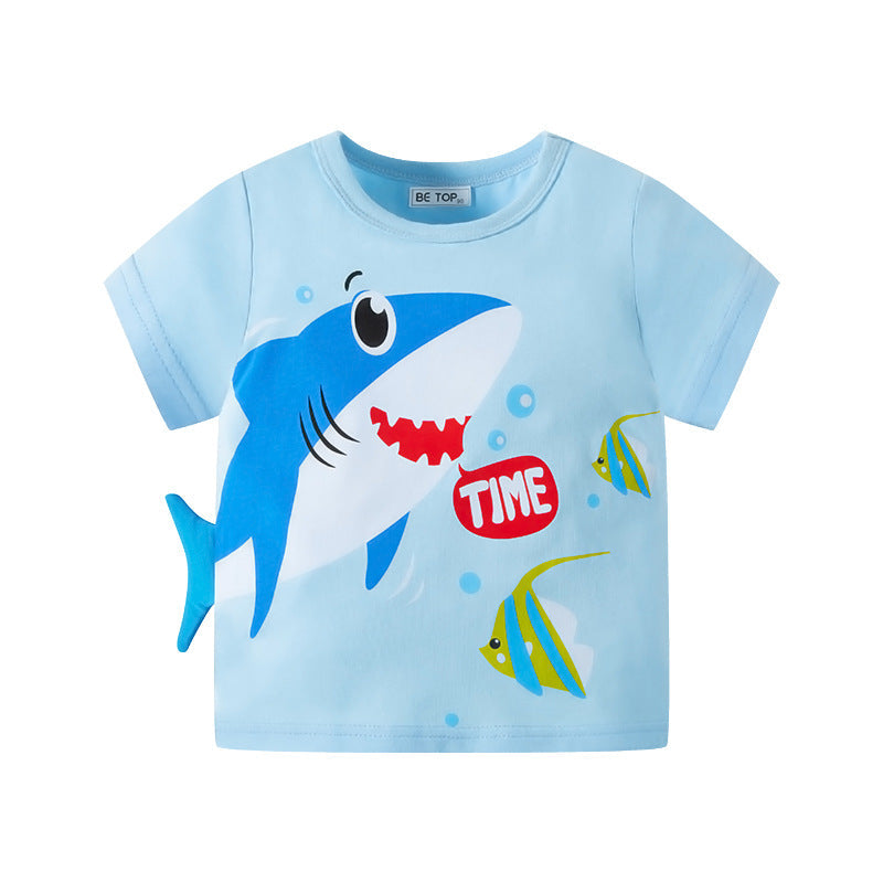 betop new children's short-sleeved cartoon three-dimensional shark top boy's pure cotton T-shirt summer clothes one piece