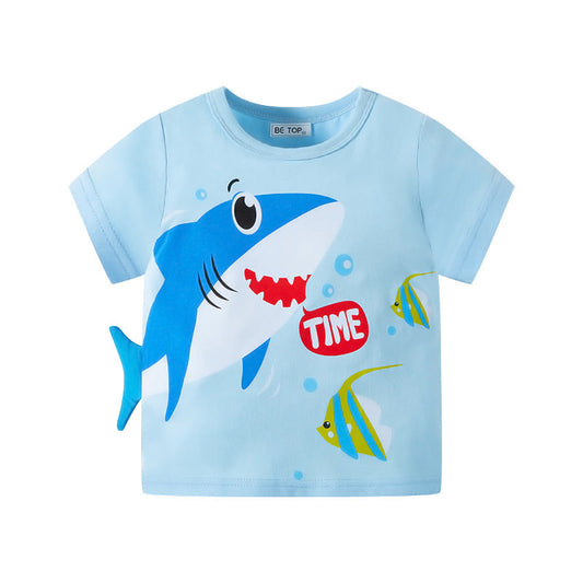 betop new children's short-sleeved cartoon three-dimensional shark top boy's pure cotton T-shirt summer clothes one piece