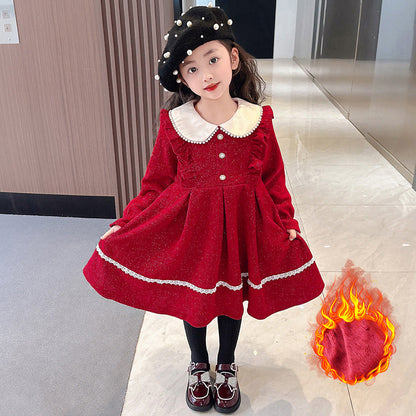 Girls baby 2024 New Year dress New Year dress plus velvet thick skirt flower girl performance show red warm