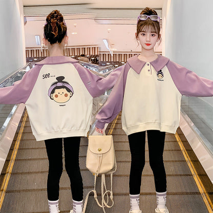 Girls spring and autumn coat new Korean style outer wear for middle and large children kindergarten girls loose elastic coat for college students