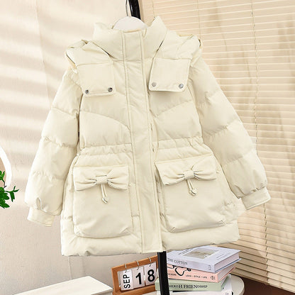 Girls new cotton coat with bow tie Korean style waist thick warm and long cotton coat for middle and large children three-proof wash-free fabric