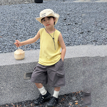 Elmo Beibei Boys 2024 Summer Twill Washed Cotton Fiveth Pants Baby Pockets Handsome Loose Overalls Trendy