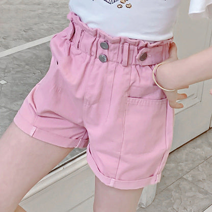 Girls summer shorts 2024 new children's clothing solid color casual flower bud shorts for middle and large children stylish cotton hot pants trend