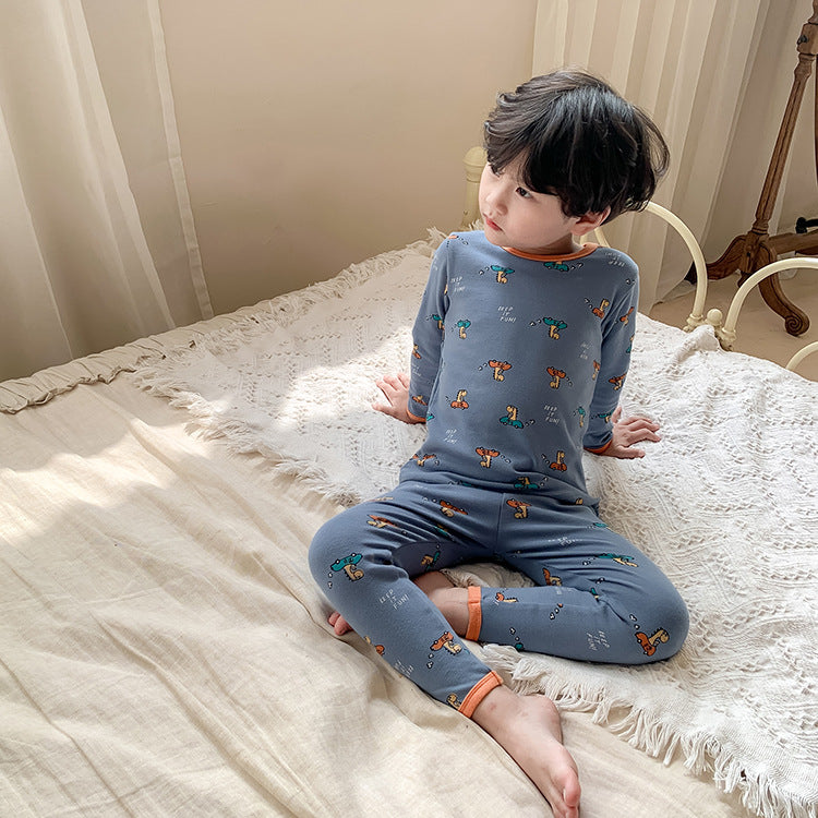 Children's autumn and winter boys and girls warm cartoon wool pull rack home clothes baby underwear brushed pajamas two-piece set