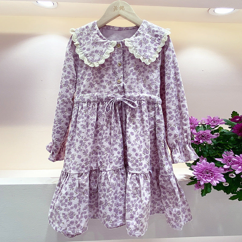 Girls winter spring and autumn 2024 new thickened dress floral brushed cotton doll collar waist princess dress trend