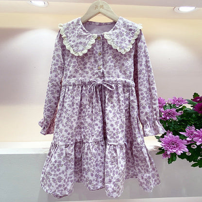 Girls winter spring and autumn 2024 new thickened dress floral brushed cotton doll collar waist princess dress trend