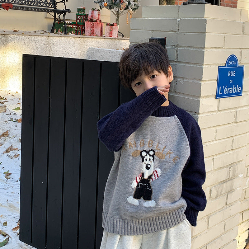 Amo Beibei children's thickened Roland velvet contrast color knitted sweater 2023 winter baby warm cartoon embroidered New Year's sweater