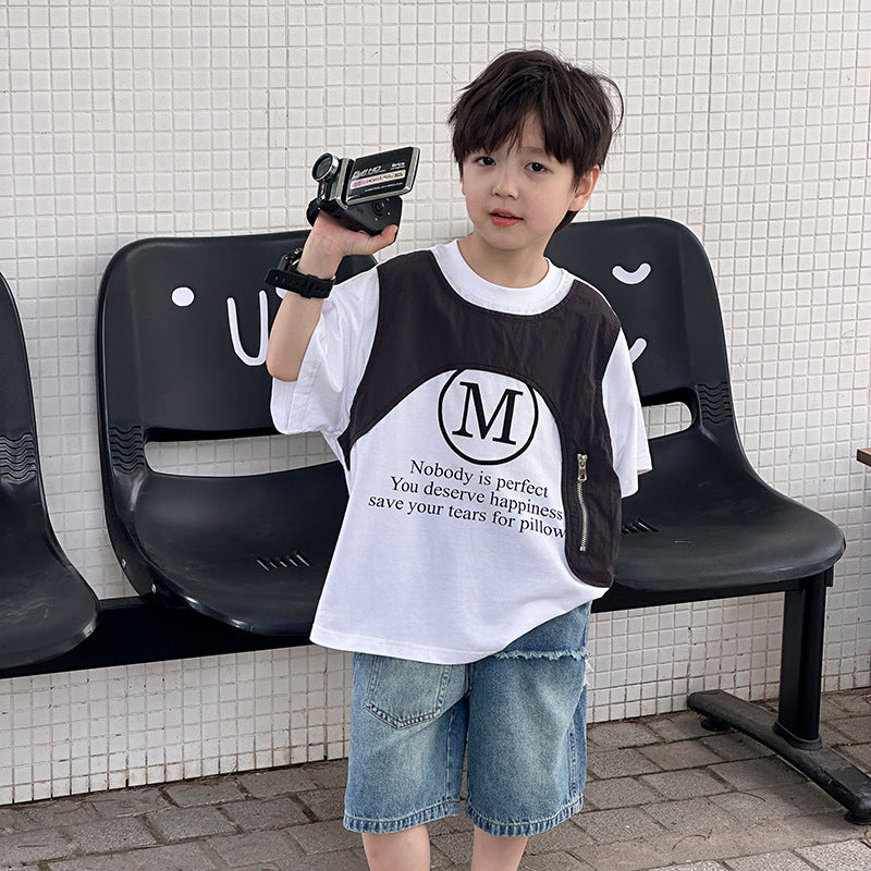 Amo Beibei children's fashionable fake two-piece tops 2024 summer boys handsome letter contrast color waistcoat T-shirt trend