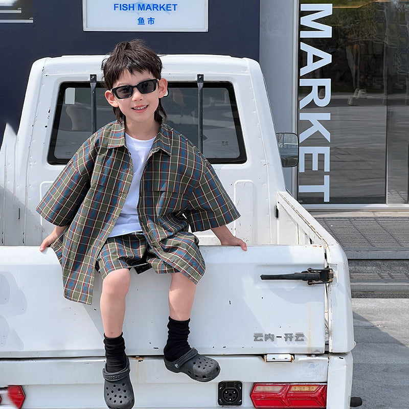 Children's summer clothes boys shirt suit little boy plaid shirt casual two-piece suit 2024 summer new clothes