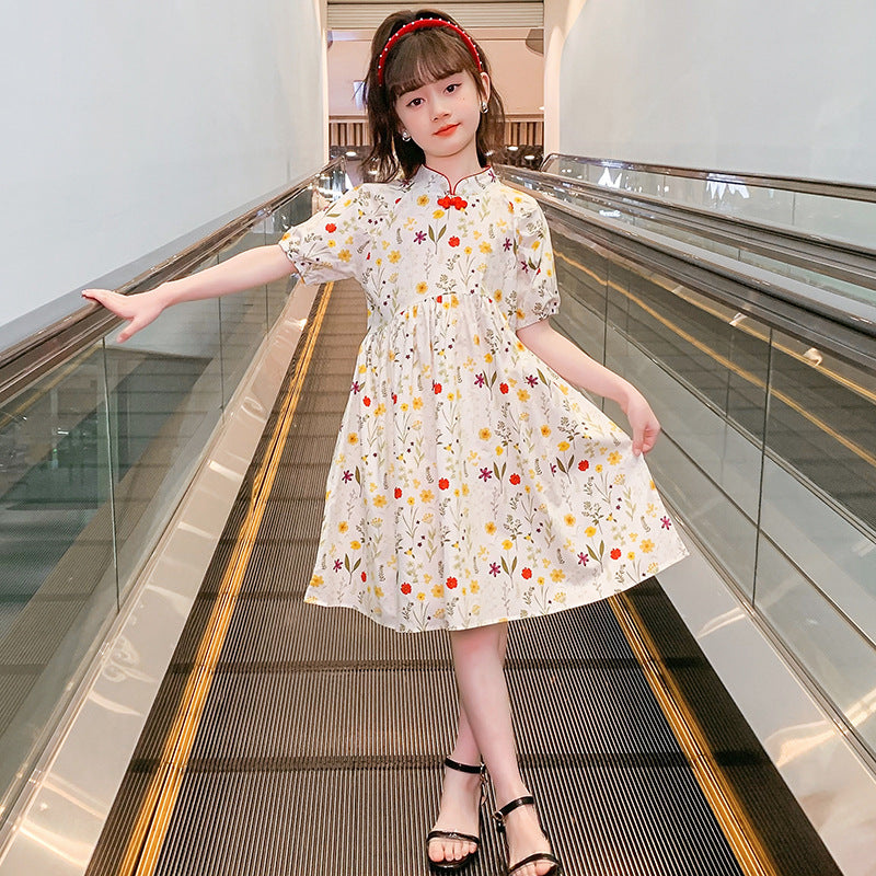 Girls summer cotton dress pure cotton floral long dress ethnic style pastoral French style Republic of China style improved new cheongsam